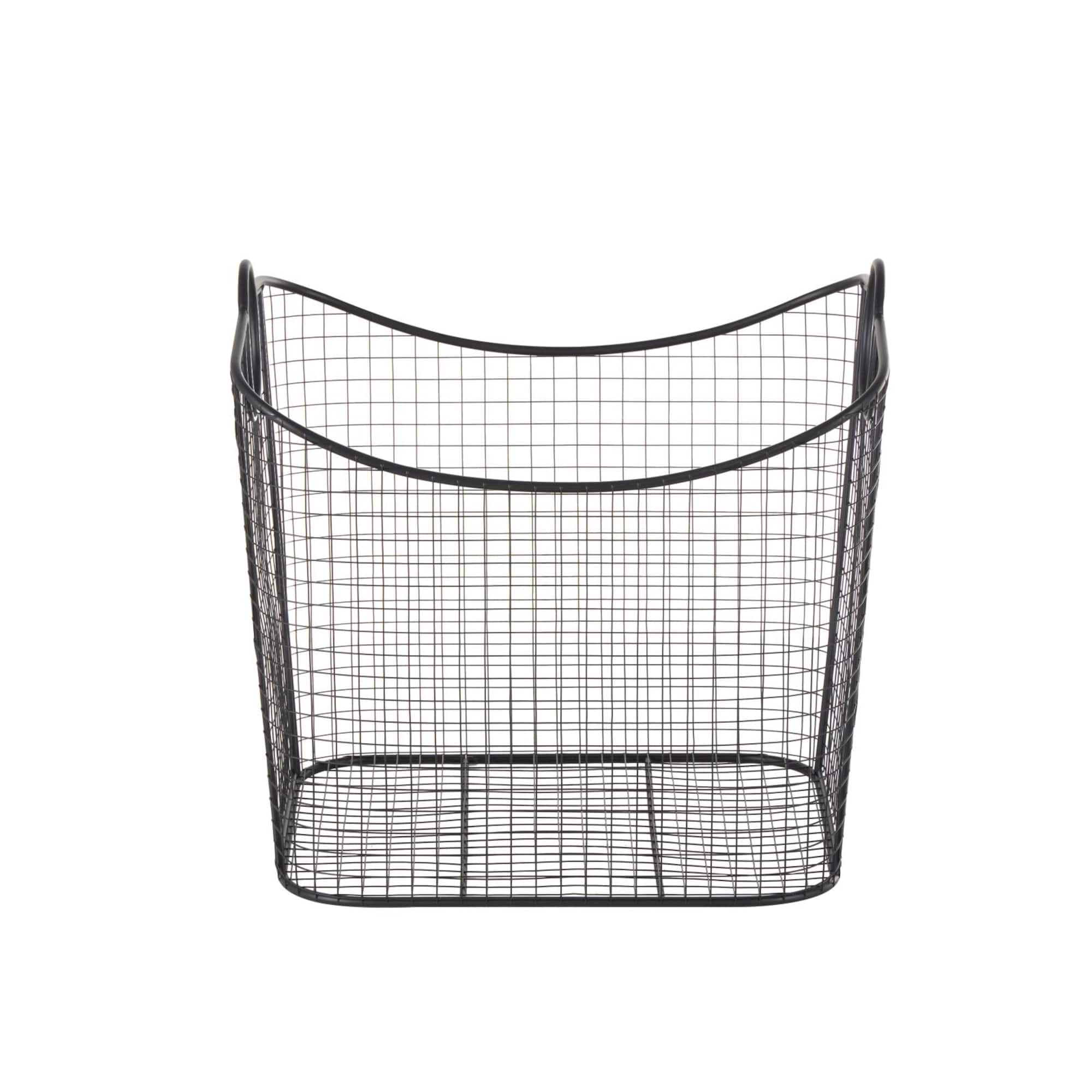 20" Black Metal Storage Basket with Curved Sides & Ring Handles